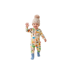 Aussie Wildlife baby clothing set by Clay and Hutch. Long Sleeve Romper | Yo's Country, Chunky Cotton Beanie | Oat and Cotton Slub Chunky Rib Socks | Duck Egg. Halcyon Nights, Freckles The Label and Grown baby clothing set.

