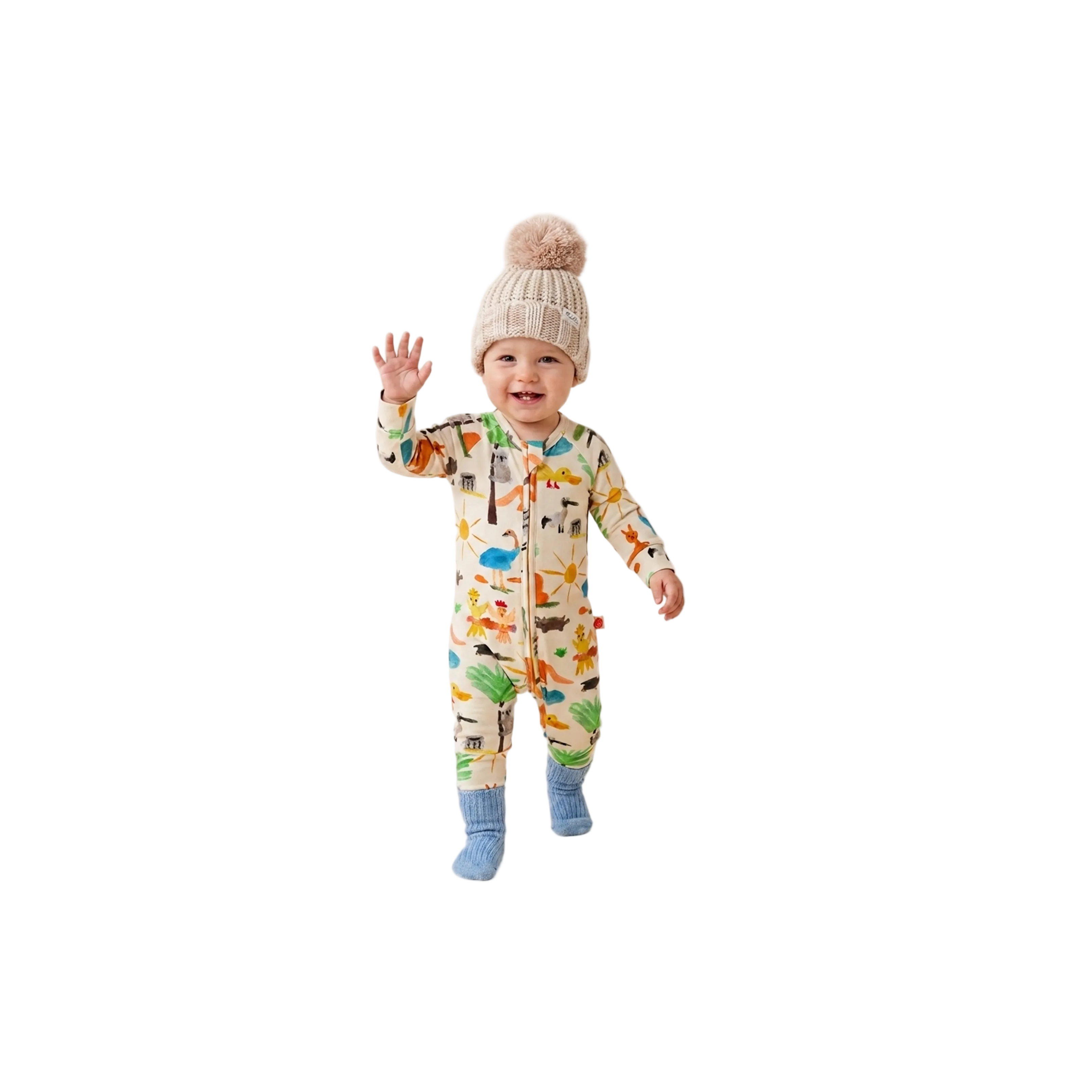 Aussie Wildlife baby clothing set by Clay and Hutch. Long Sleeve Romper | Yo's Country, Chunky Cotton Beanie | Oat and Cotton Slub Chunky Rib Socks | Duck Egg. Halcyon Nights, Freckles The Label and Grown baby clothing set.

