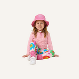 Cosmic Flower Power kids clothing set. Outta Space Long Sleeve T-Shirt | Candy & Racer Red, Kids Leggings | Hej Blomma!, Endless Summer Brimmed Terry Hat | Candy and Cotton Slub Chunky Rib Socks | Raspberry. Golden Child, Halcyon Nights and Grown kids clothing set.