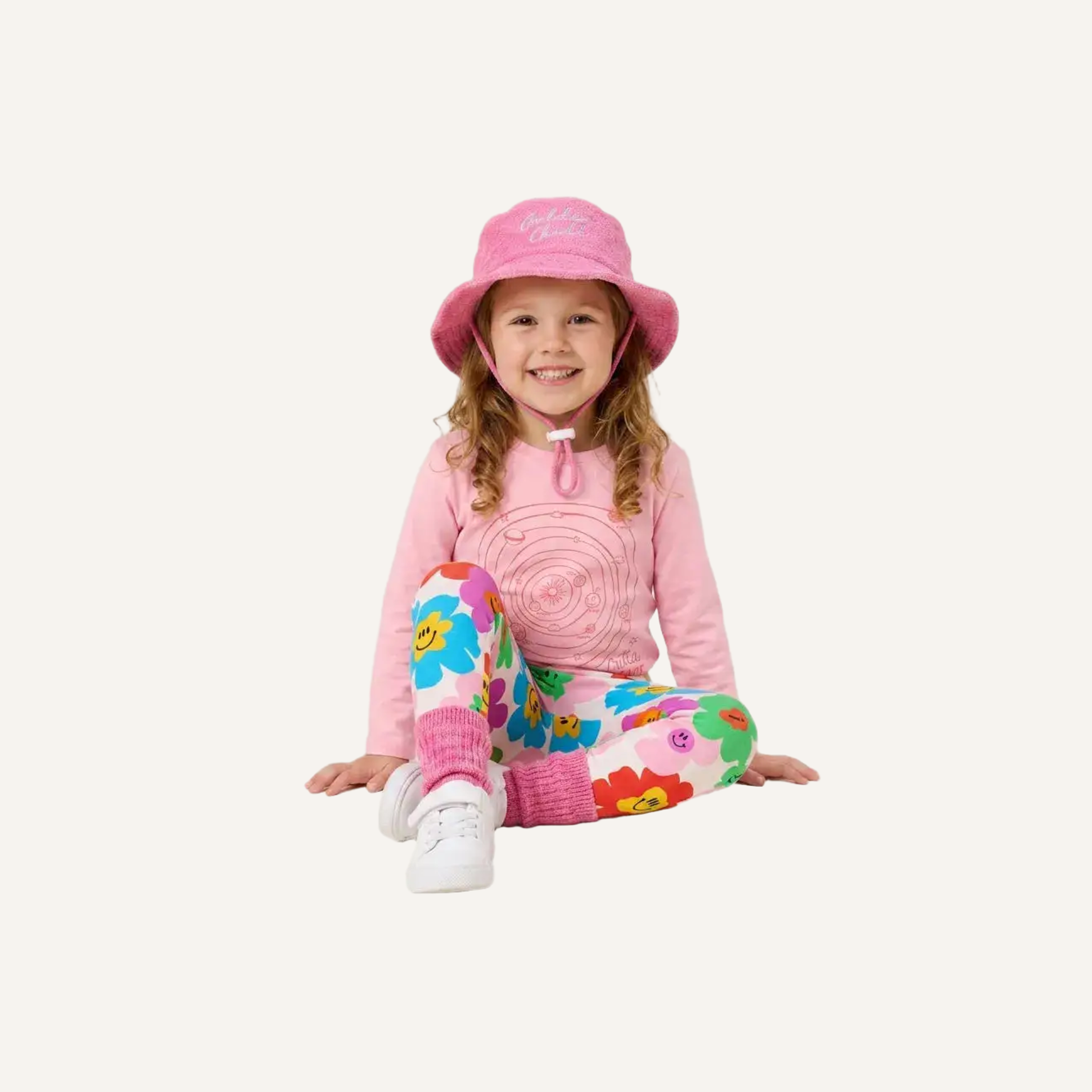 Cosmic Flower Power kids clothing set. Outta Space Long Sleeve T-Shirt | Candy & Racer Red, Kids Leggings | Hej Blomma!, Endless Summer Brimmed Terry Hat | Candy and Cotton Slub Chunky Rib Socks | Raspberry. Golden Child, Halcyon Nights and Grown kids clothing set.