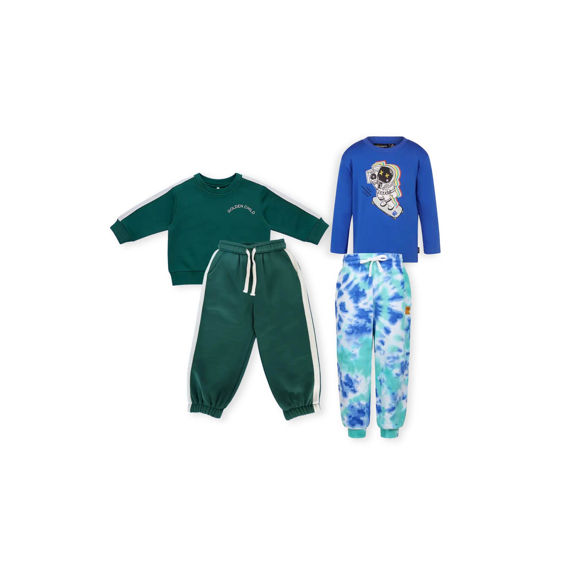 Cosmic Explorer Set. A children's three-piece clothing set. The set includes a dark green long-sleeve sweatshirt with white stripes on the sleeves, matching dark green sweatpants with white drawstrings, and a royal blue long-sleeve sweatshirt featuring a cartoon astronaut graphic.