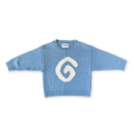 Grown blue sweater with a white spiral design