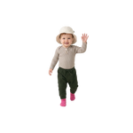 Little Explorer Essentials baby clothing set by Clay and Hutch. Organic Speckle Essential Knit Bodysuit | Oatmilk, Drop Crotch Pants | Moss, Cotton Sun Hat | Oatmeal and Cotton Slub Chunky Rib Socks | Raspberry. Kiin Baby, Grown and Babu baby clothing set.