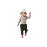 Little Explorer Essentials baby clothing set by Clay and Hutch. Organic Speckle Essential Knit Bodysuit | Oatmilk, Drop Crotch Pants | Moss, Cotton Sun Hat | Oatmeal and Cotton Slub Chunky Rib Socks | Raspberry. Kiin Baby, Grown and Babu baby clothing set.