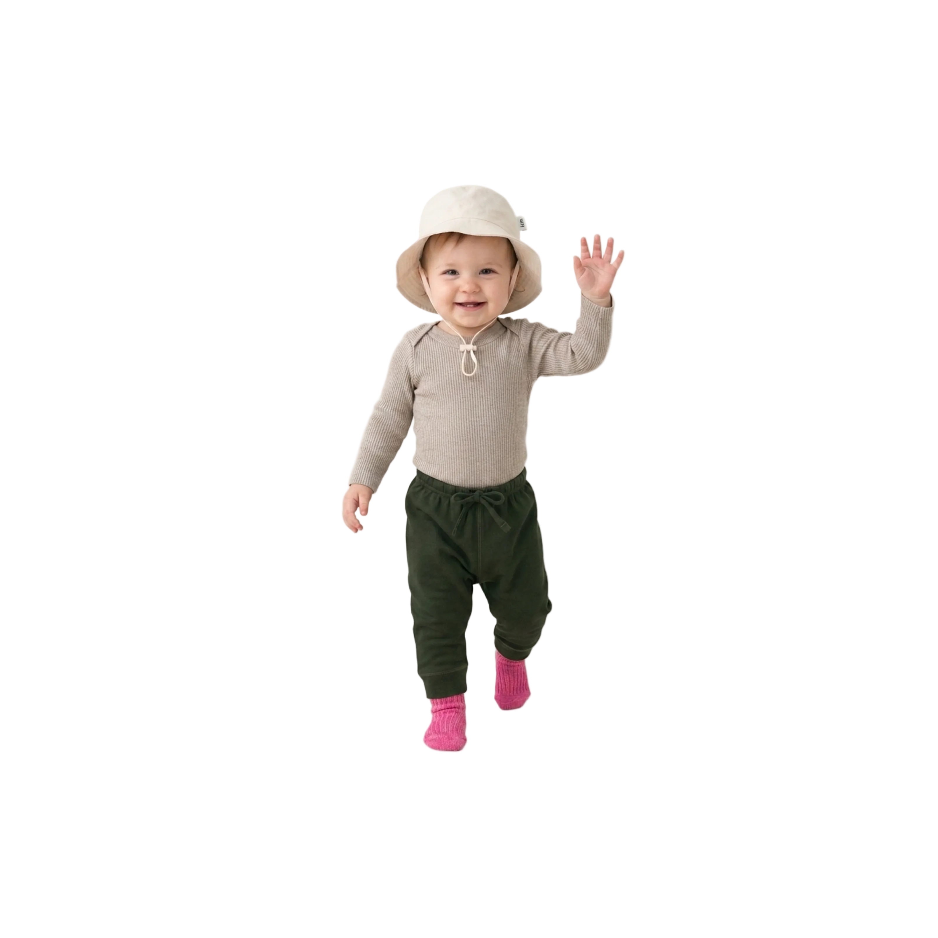 Little Explorer Essentials baby clothing set by Clay and Hutch. Organic Speckle Essential Knit Bodysuit | Oatmilk, Drop Crotch Pants | Moss, Cotton Sun Hat | Oatmeal and Cotton Slub Chunky Rib Socks | Raspberry. Kiin Baby, Grown and Babu baby clothing set.
