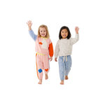 Pastel Playtime kids clothing set by Clay and Hutch. Halcyon Nights - Fleece Sweater | Little Billabong Pink, Grown - Organic Funfetti Knit Pull Over | Surf, Halcyon Nights - Fleece Track Pants | Little Billabong Pink and Grown -  Organic Flow | Denim Pants clothing kids set.
