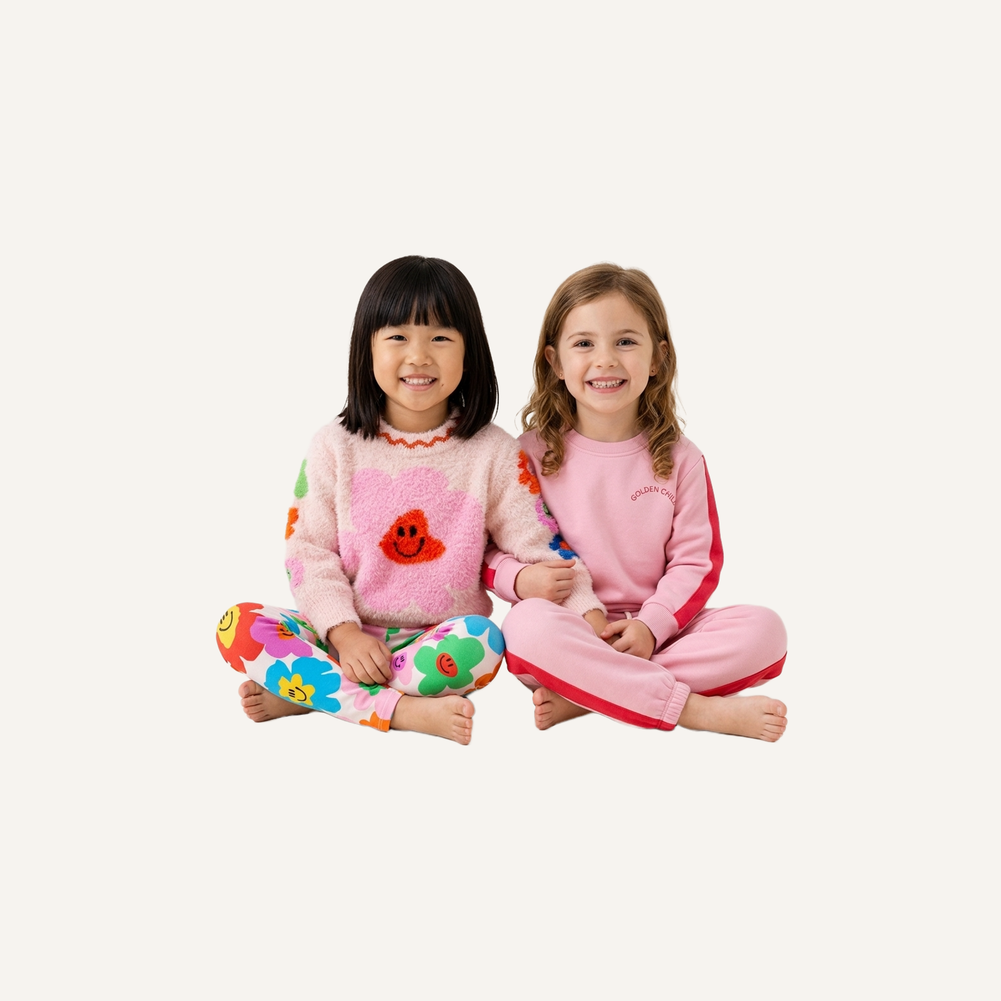Pink Petals Play kids clothing set by Clay and Hutch. Golden Child - Fast Lane Tracksuit | Candy Pink, Halcyon Nights - Fluffy Knit Jumper | Hej Blomma! and Golden Child - Fast Lane Tracksuit | Candy Pink kids clothing set.